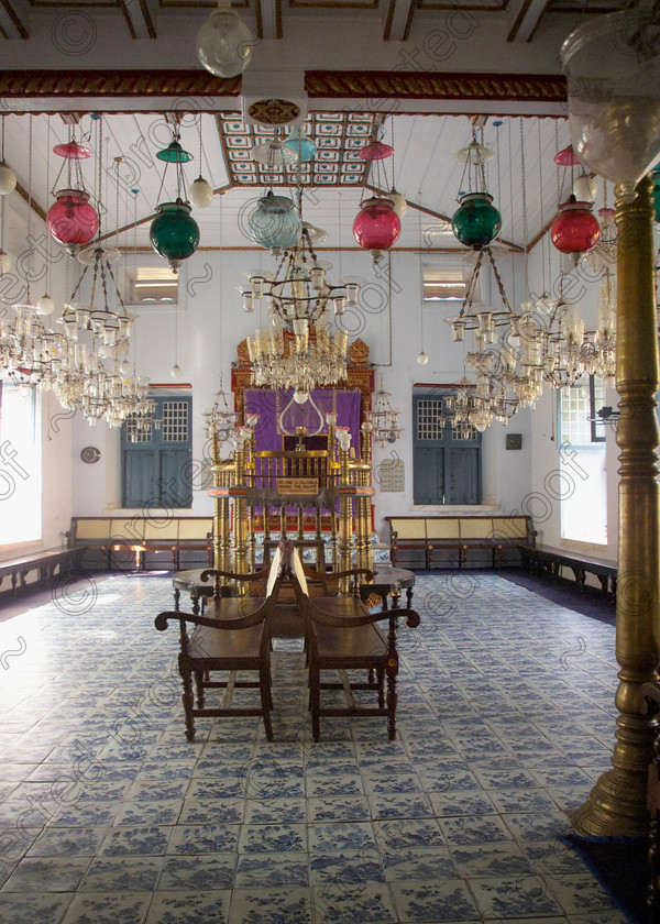 Cochin Synagogue 011 
 Interior of the old synagogue in Jew Town, Cochin, Kerala, Southern India 
 Keywords: religion, Judaism, Synagogue, temple, Cochin, India, Cochi, jews, church, Southern India, Jew Town